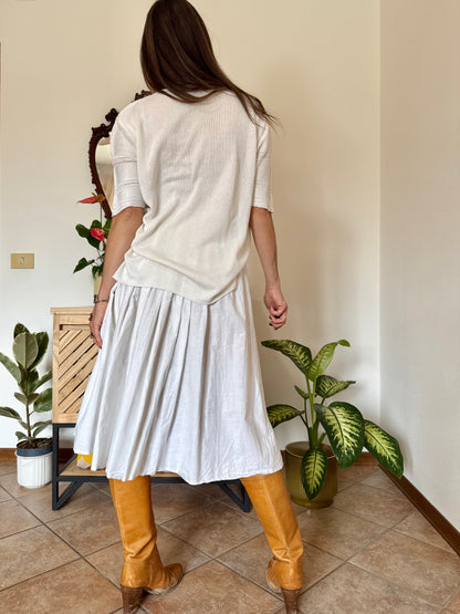 1970's vintage white cotton pleated waist midi skirt