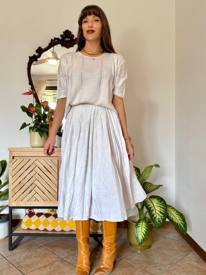 1970's vintage white cotton pleated waist midi skirt