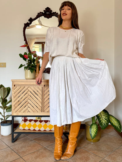 1970's vintage white cotton pleated waist midi skirt