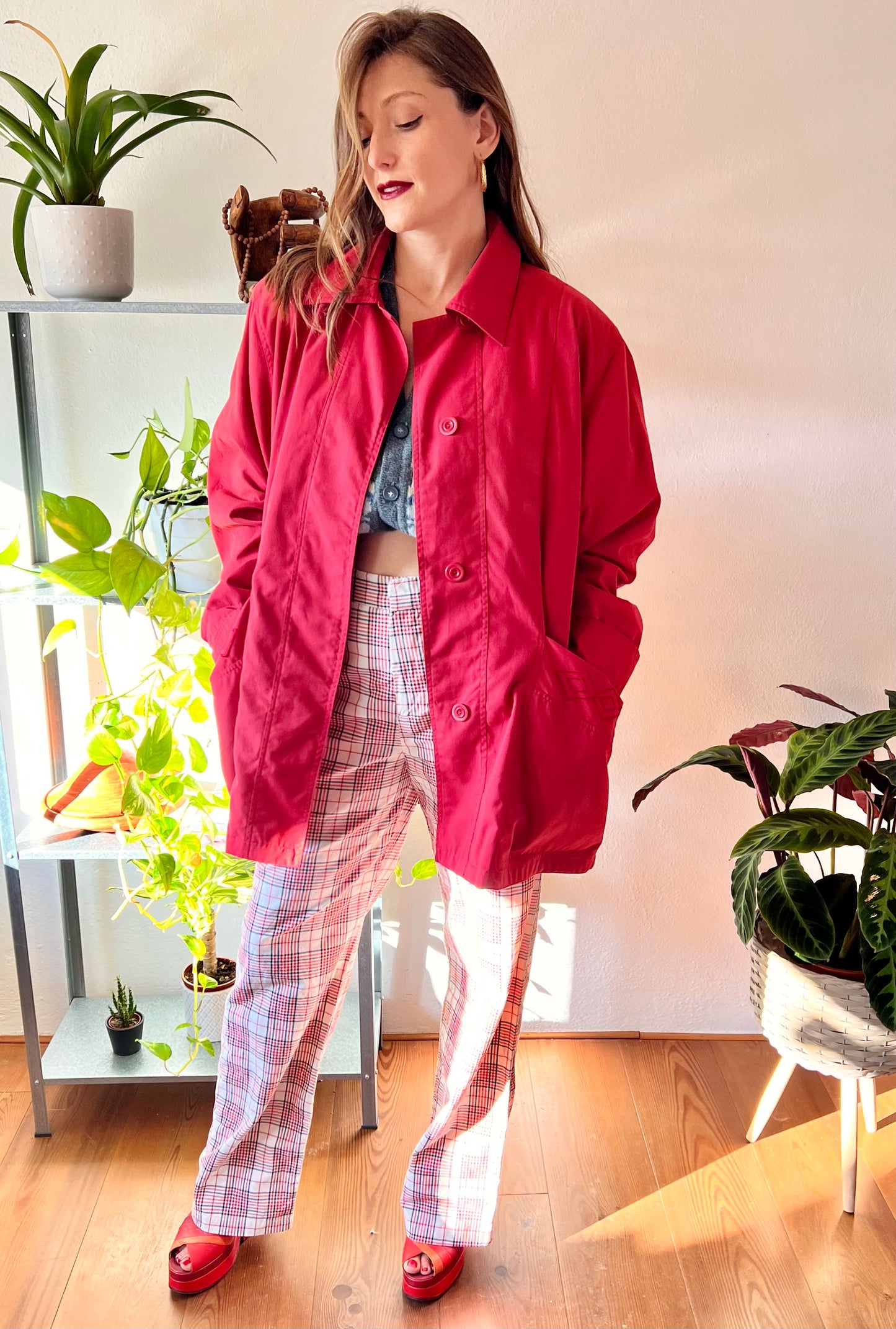 1970's vintage cherry red water resistant trench coat with embroidered detailing