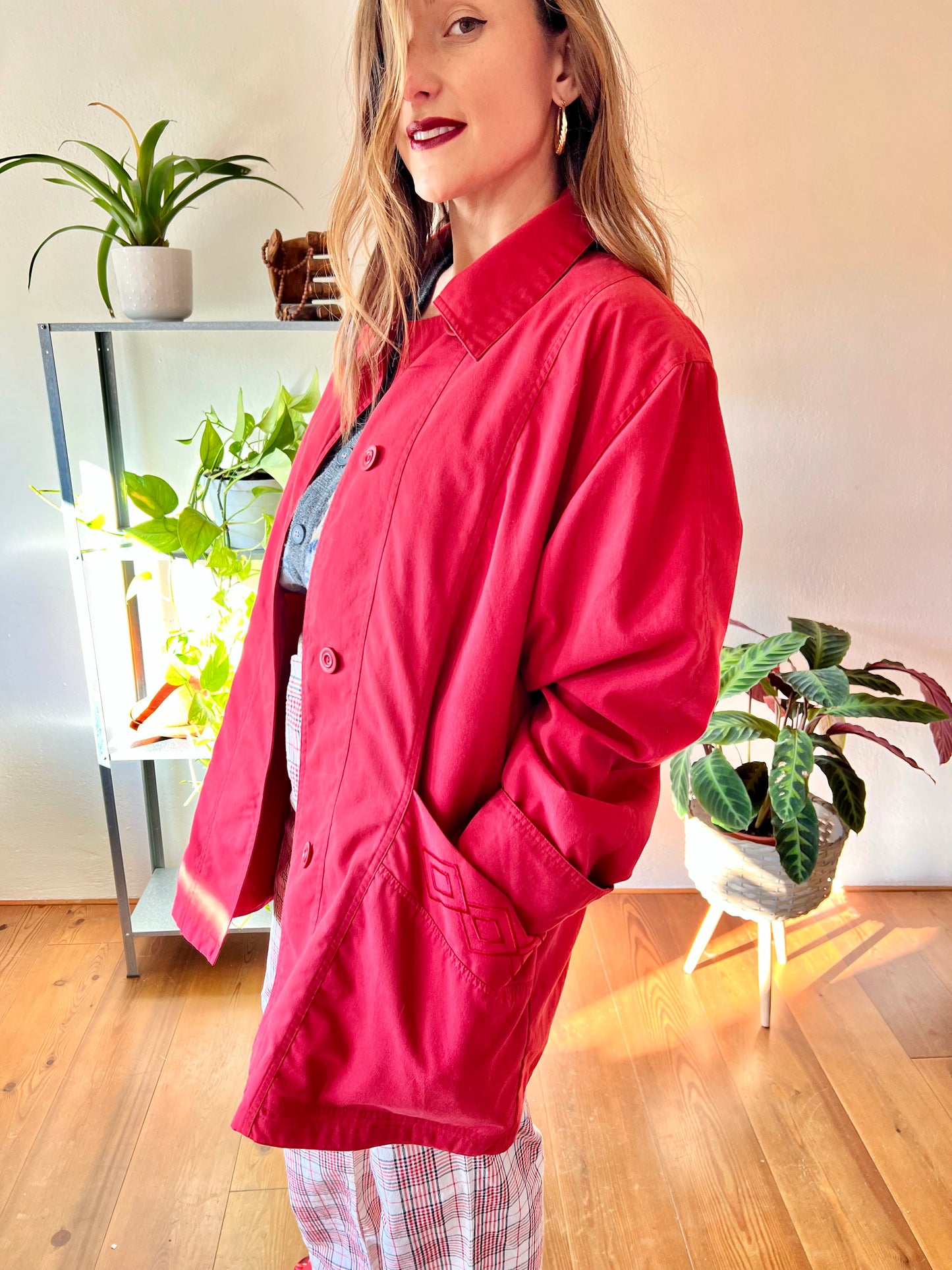 1970's vintage cherry red water resistant trench coat with embroidered detailing