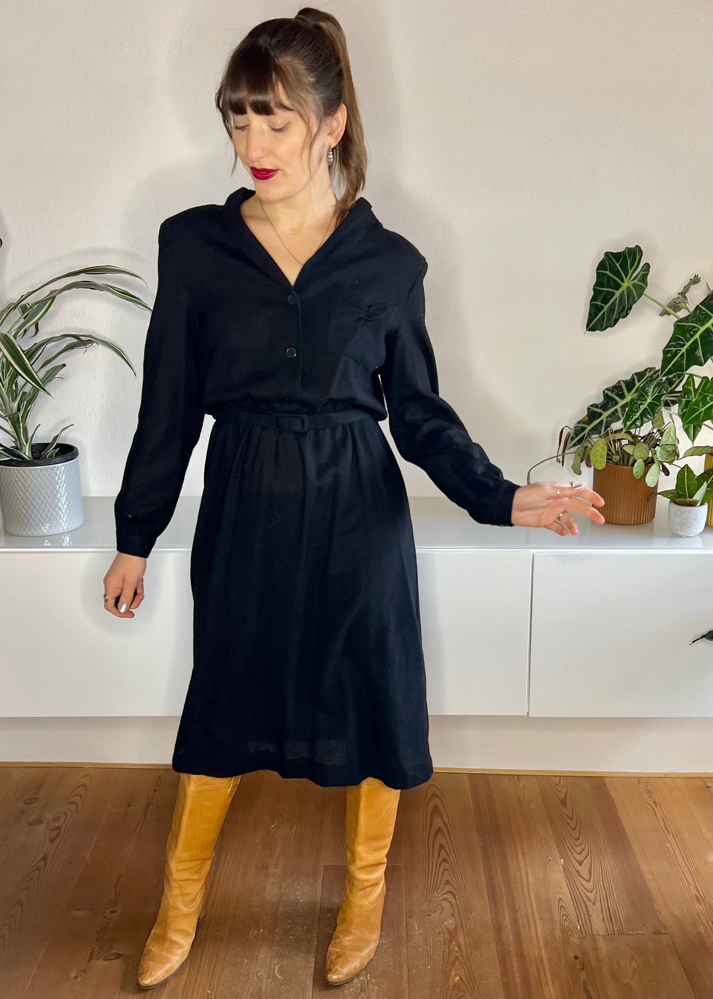 1970's vintage dead stock black wool knit midi dress