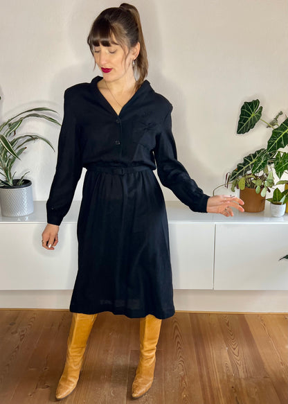 1970's vintage dead stock black wool knit midi dress