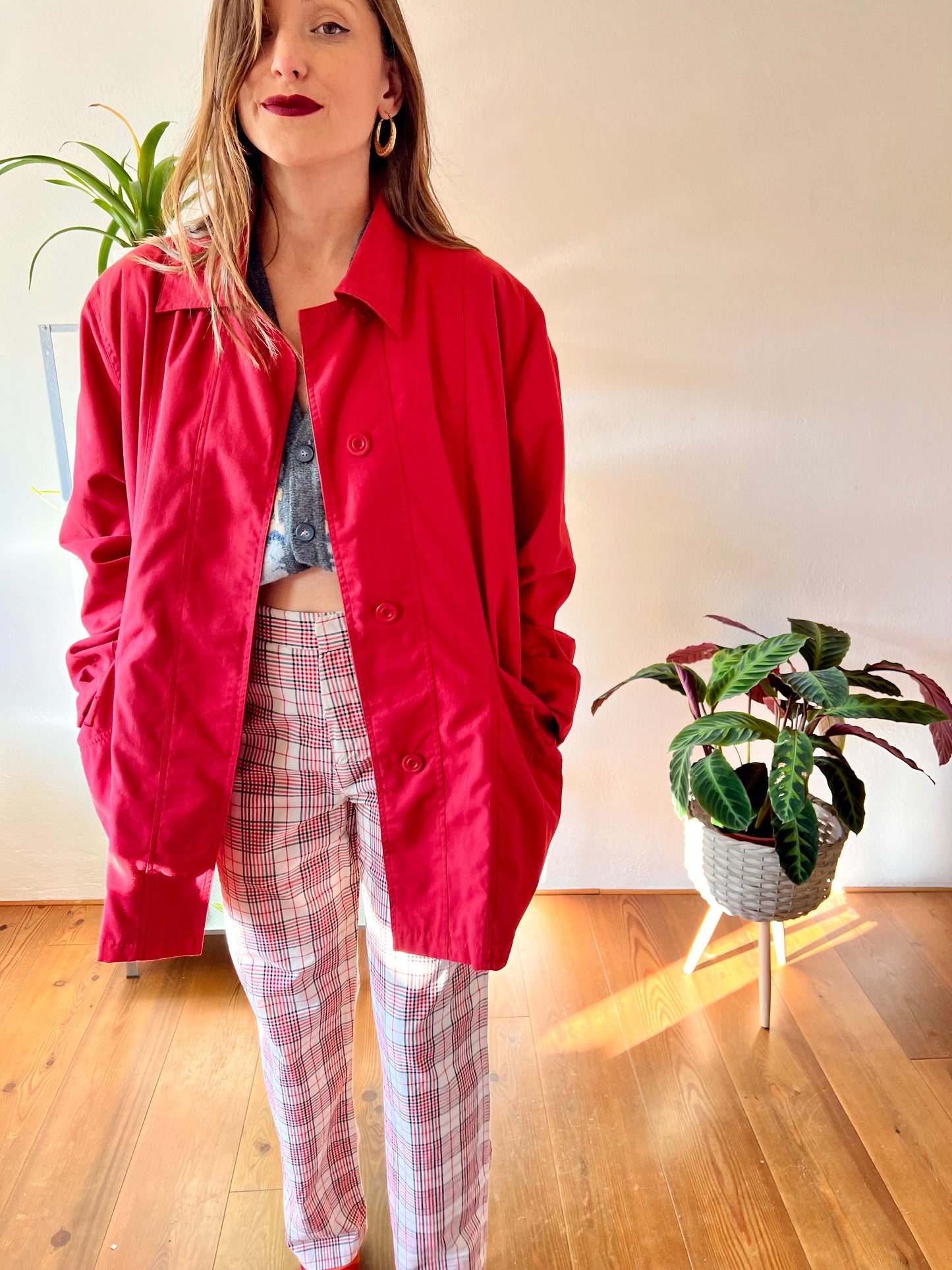 1970's vintage cherry red water resistant trench coat with embroidered detailing