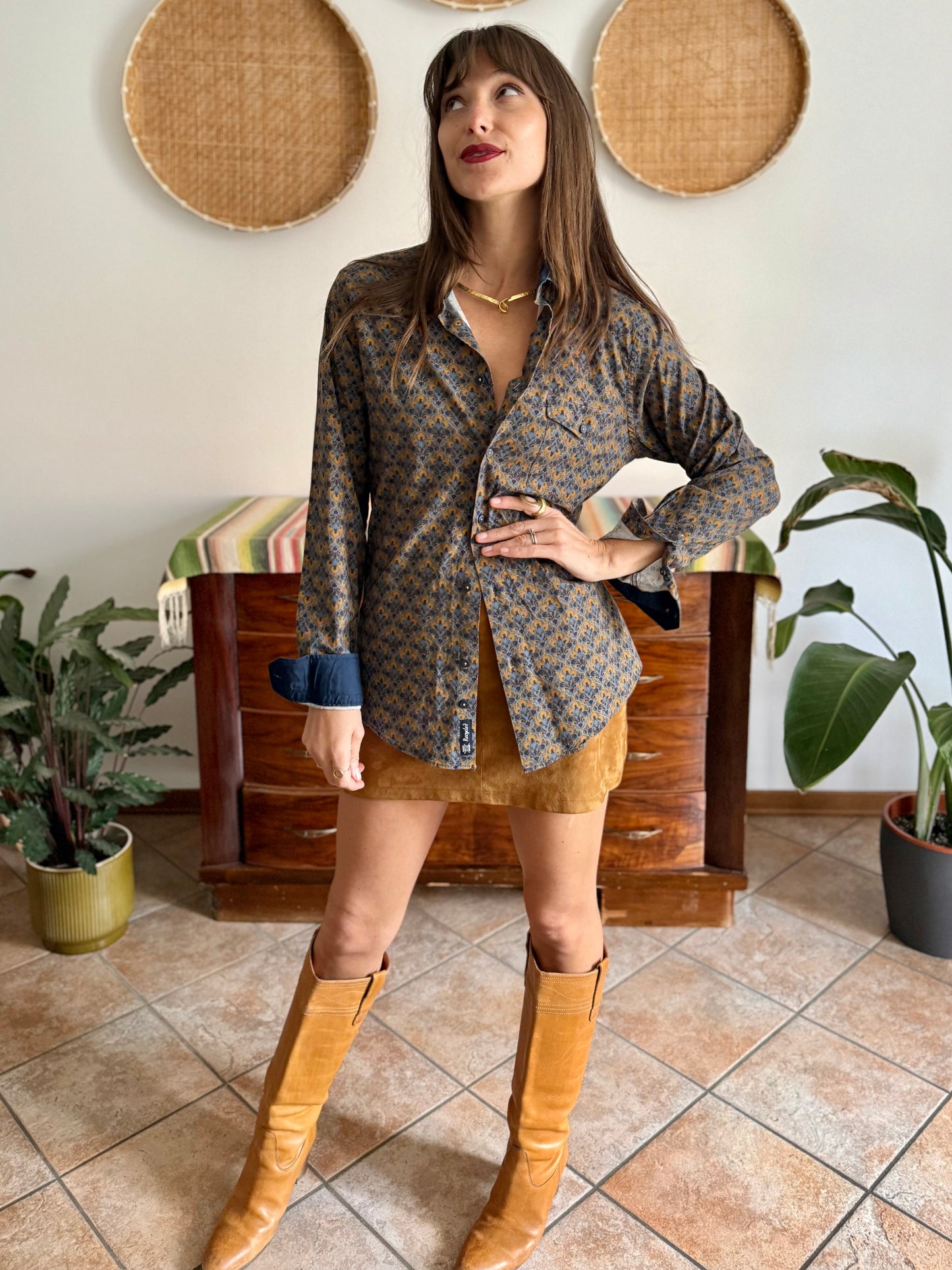 Olive green, blue and orange floral print cotton button down shirt