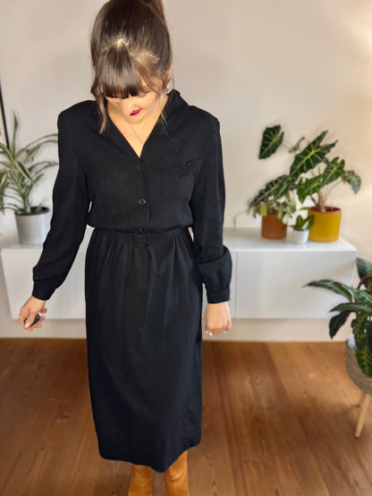 1970's vintage dead stock black wool knit midi dress