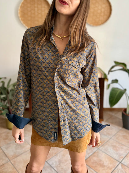 Olive green, blue and orange floral print cotton button down shirt