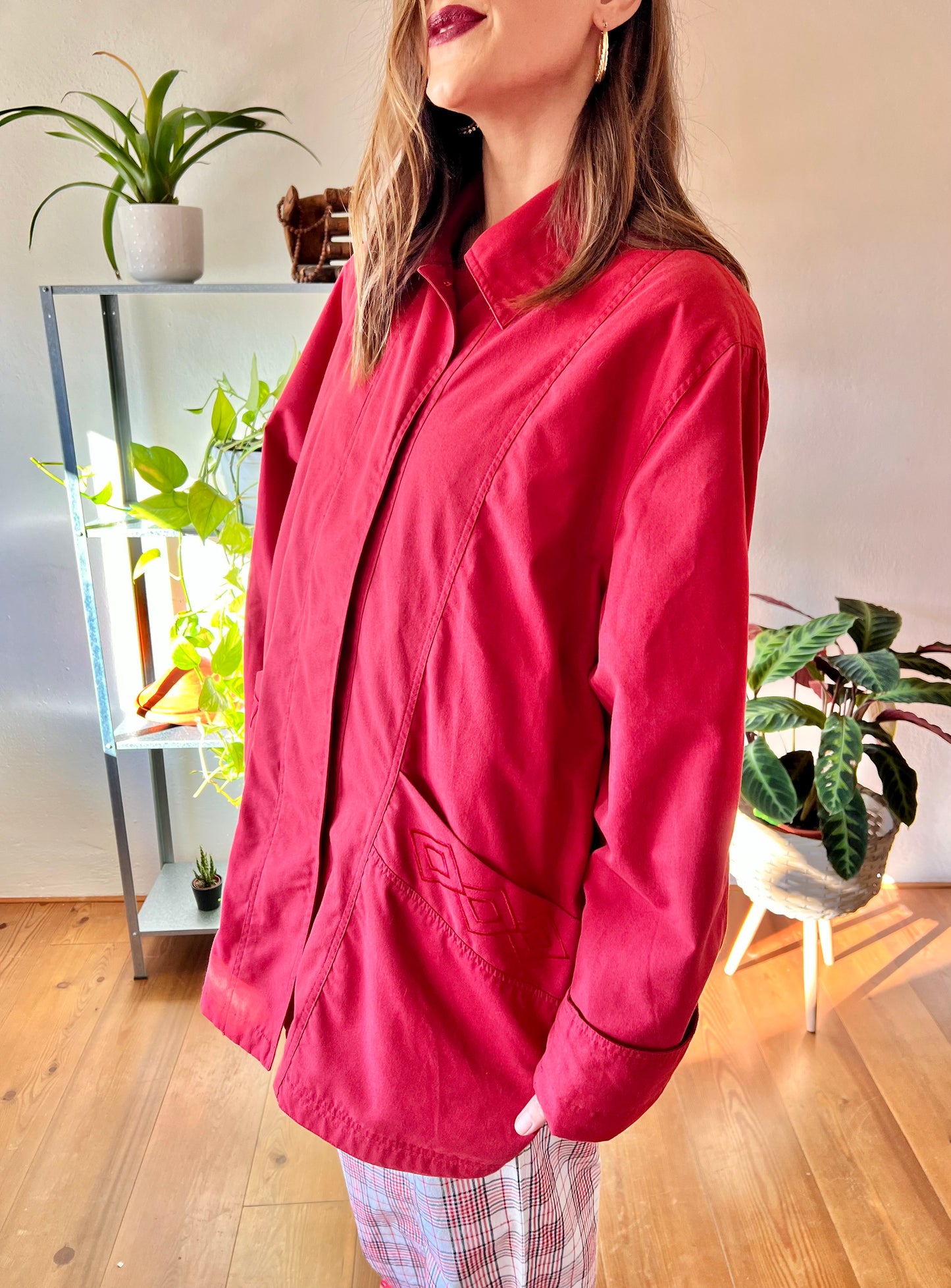 1970's vintage cherry red water resistant trench coat with embroidered detailing