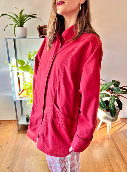 1970's vintage cherry red water resistant trench coat with embroidered detailing