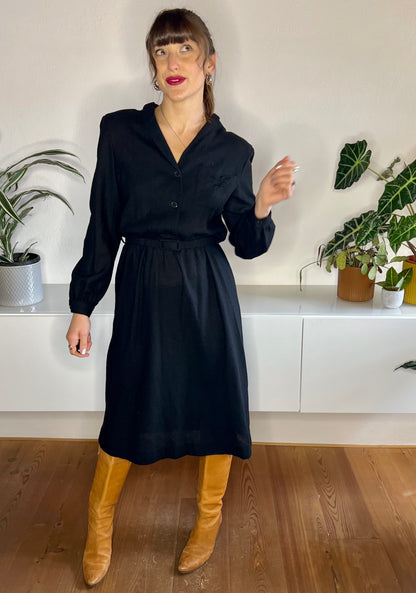 1970's vintage dead stock black wool knit midi dress