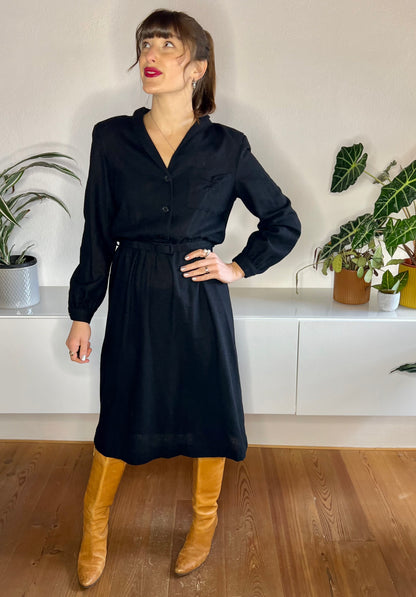 1970's vintage dead stock black wool knit midi dress