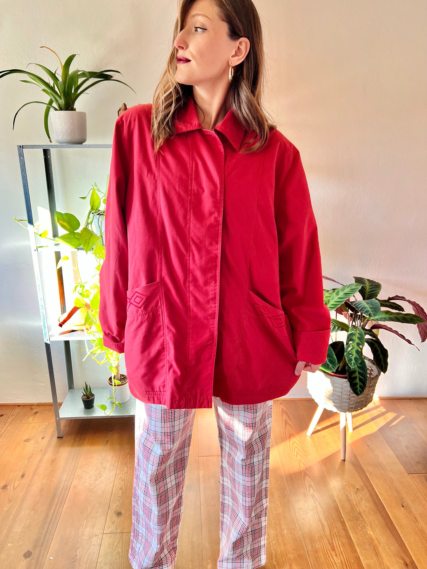 1970's vintage cherry red water resistant trench coat with embroidered detailing