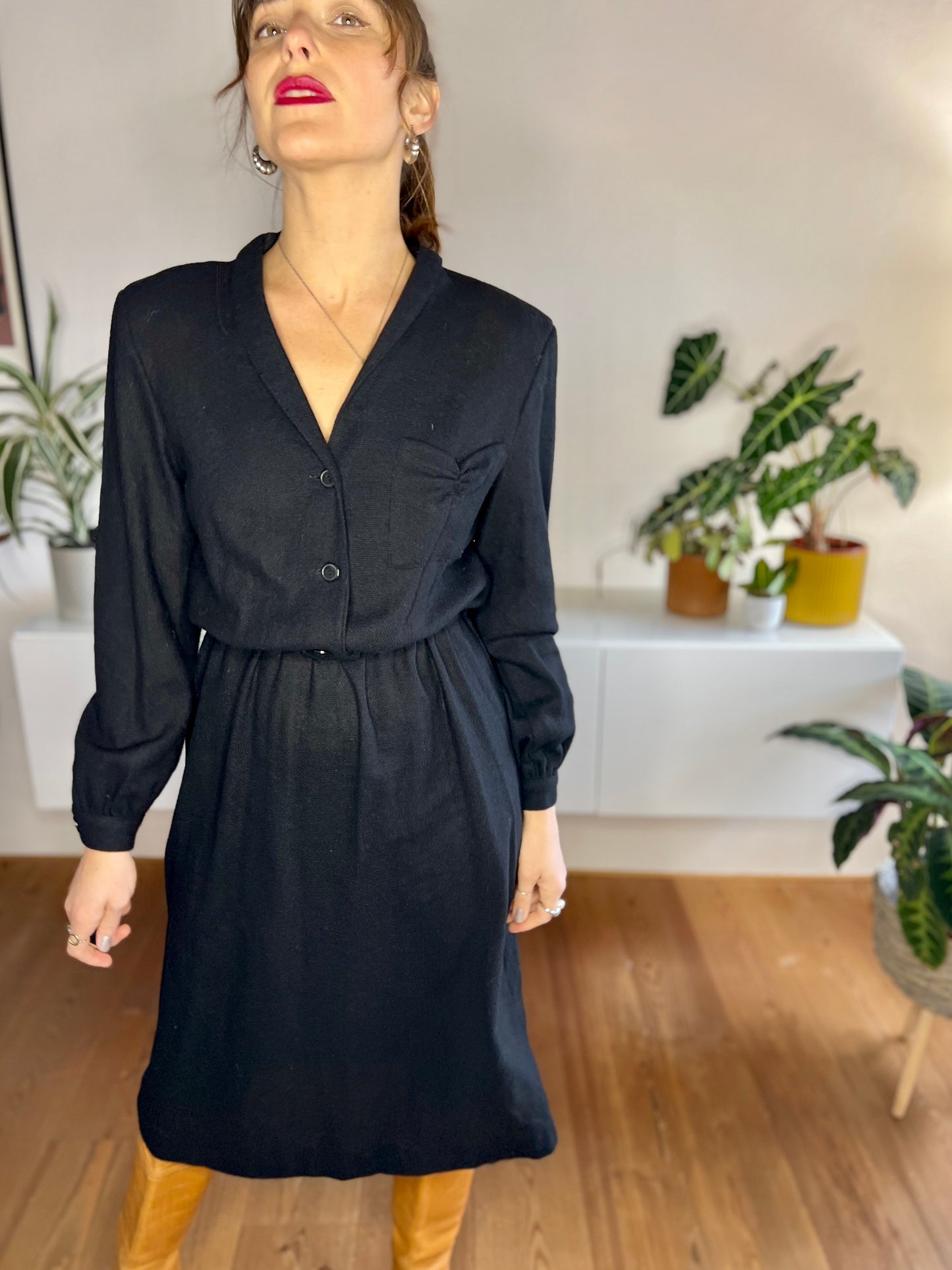 1970's vintage dead stock black wool knit midi dress