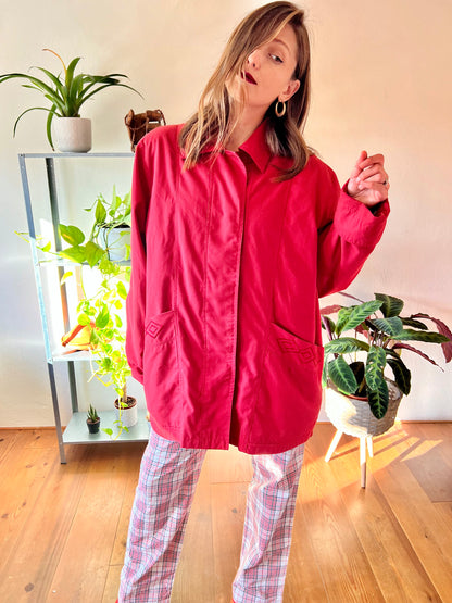 1970's vintage cherry red water resistant trench coat with embroidered detailing