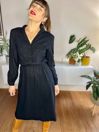 1970's vintage dead stock black wool knit midi dress