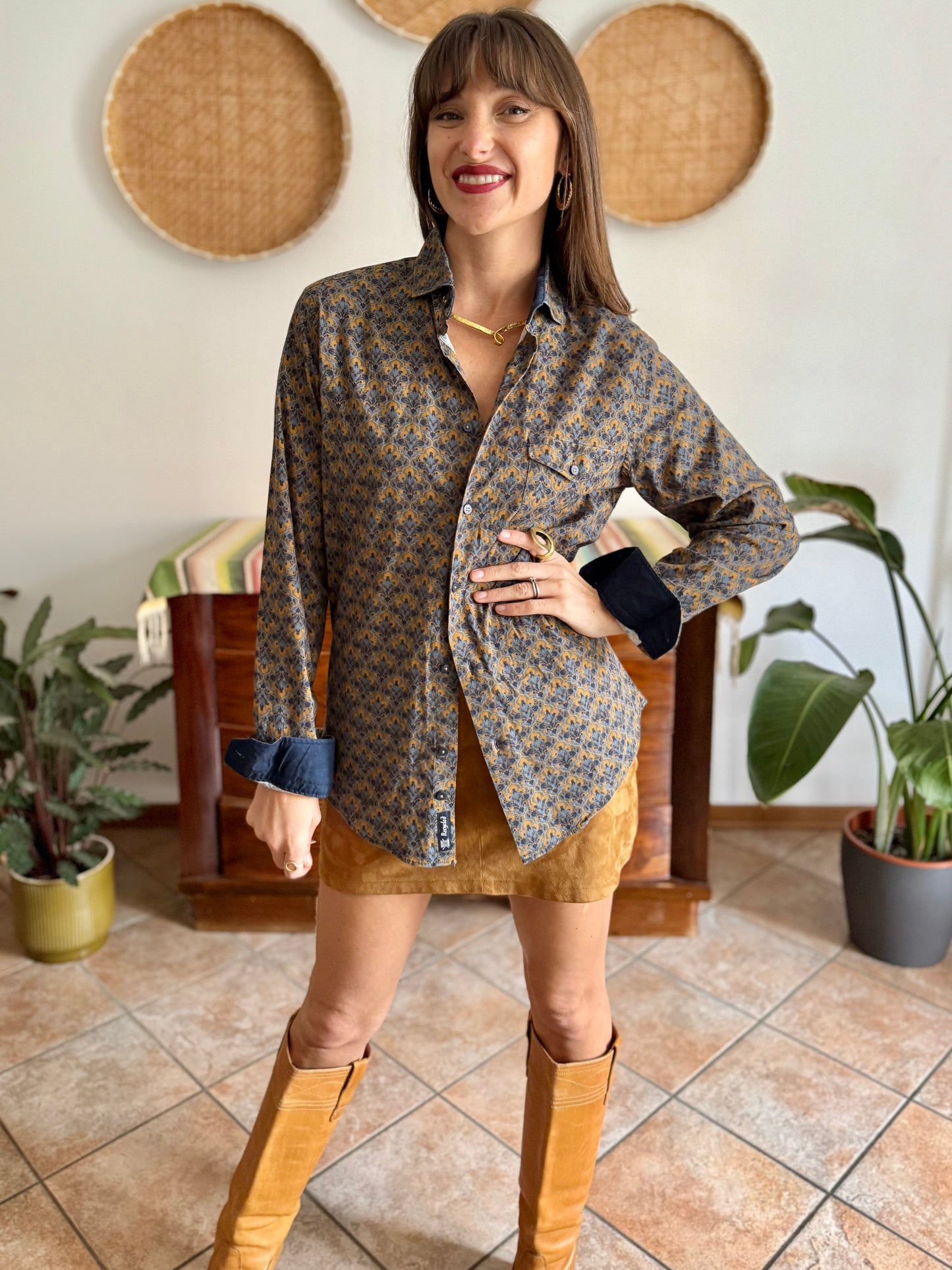 Olive green, blue and orange floral print cotton button down shirt