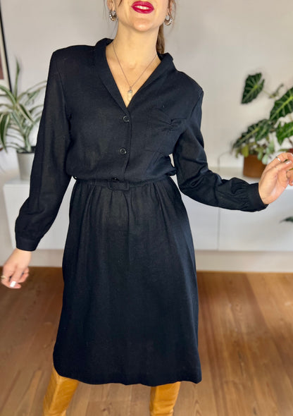 1970's vintage dead stock black wool knit midi dress