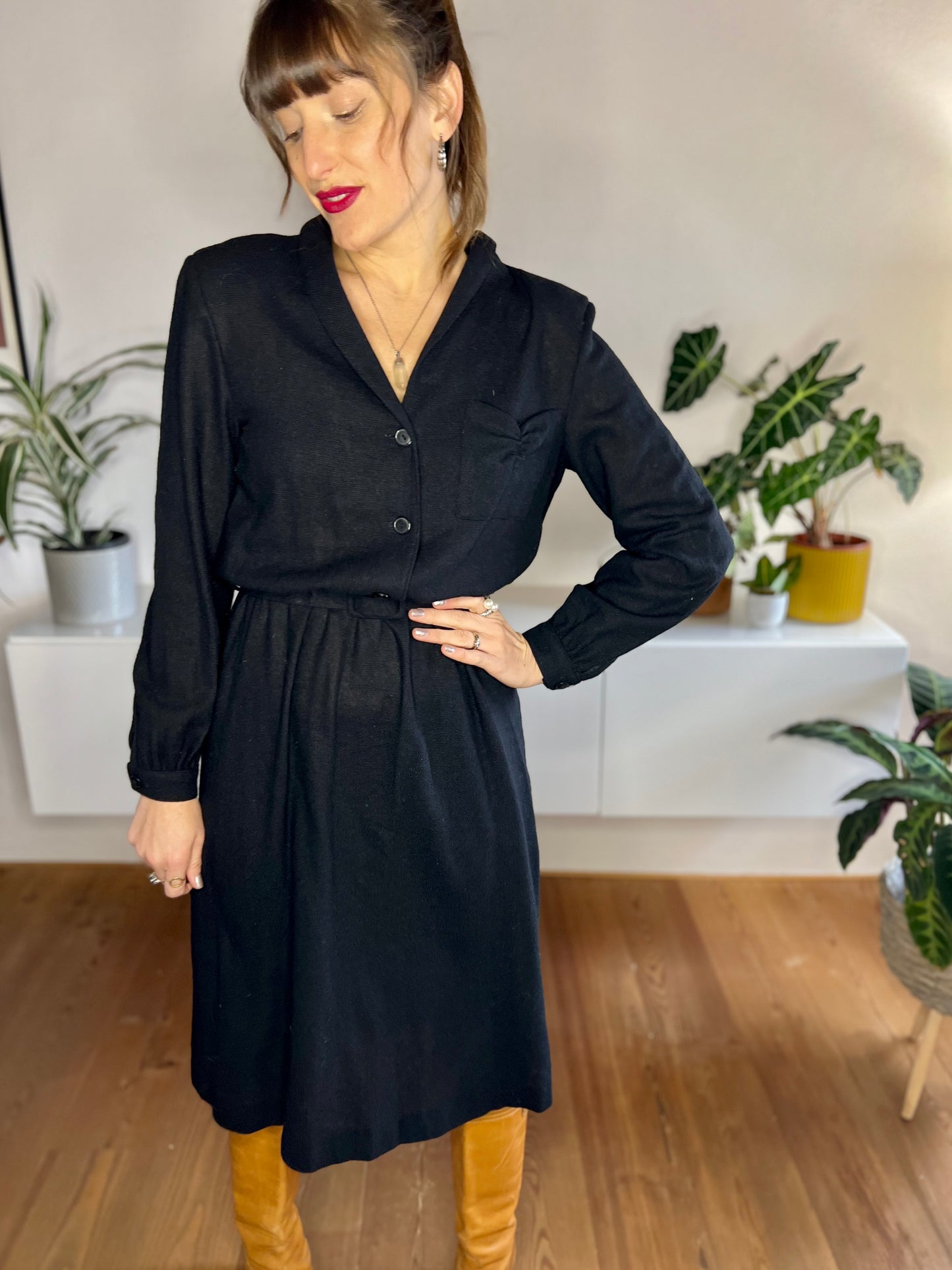 1970's vintage dead stock black wool knit midi dress