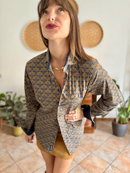 Olive green, blue and orange floral print cotton button down shirt