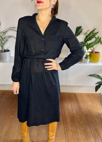 1970's vintage dead stock black wool knit midi dress