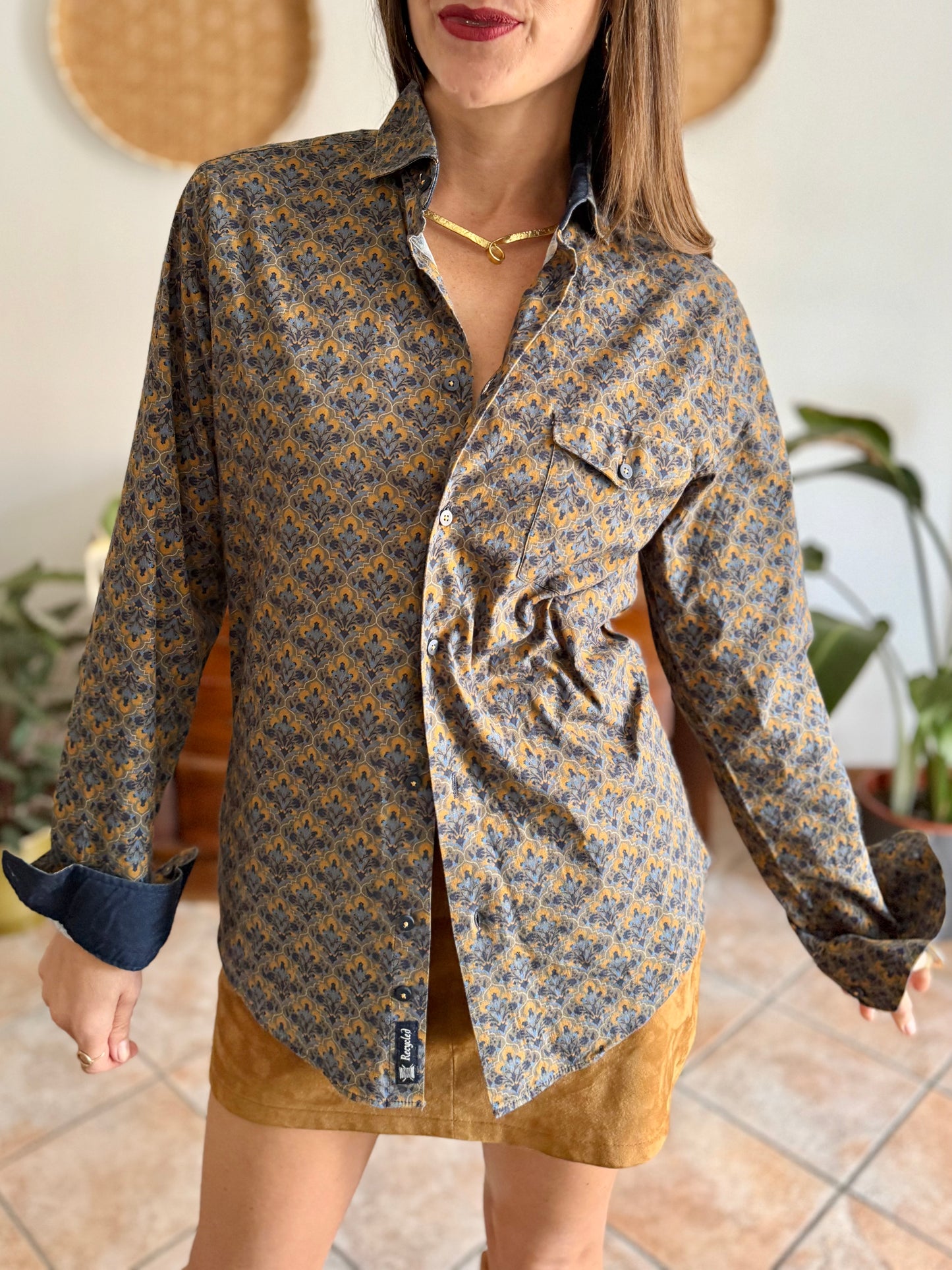 Olive green, blue and orange floral print cotton button down shirt