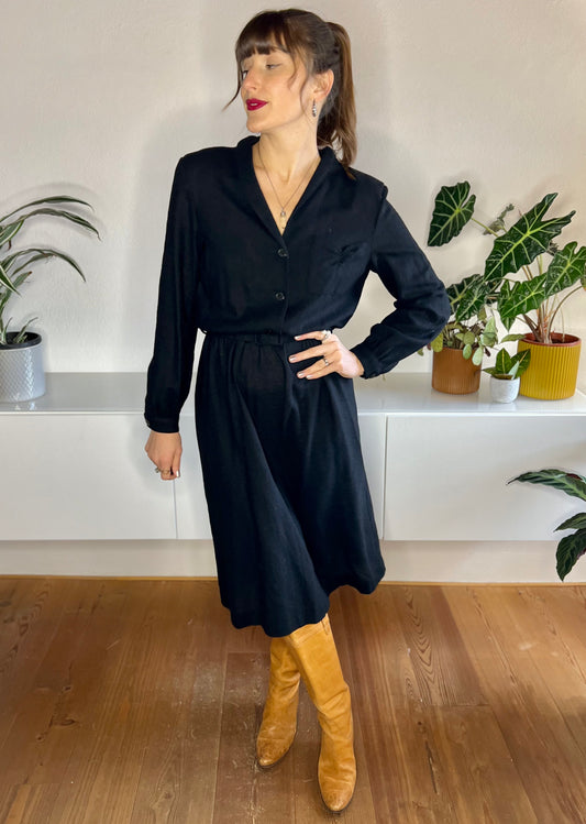 1970's vintage dead stock black wool knit midi dress