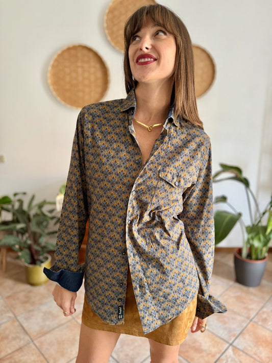 Olive green, blue and orange floral print cotton button down shirt