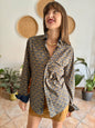 Olive green, blue and orange floral print cotton button down shirt