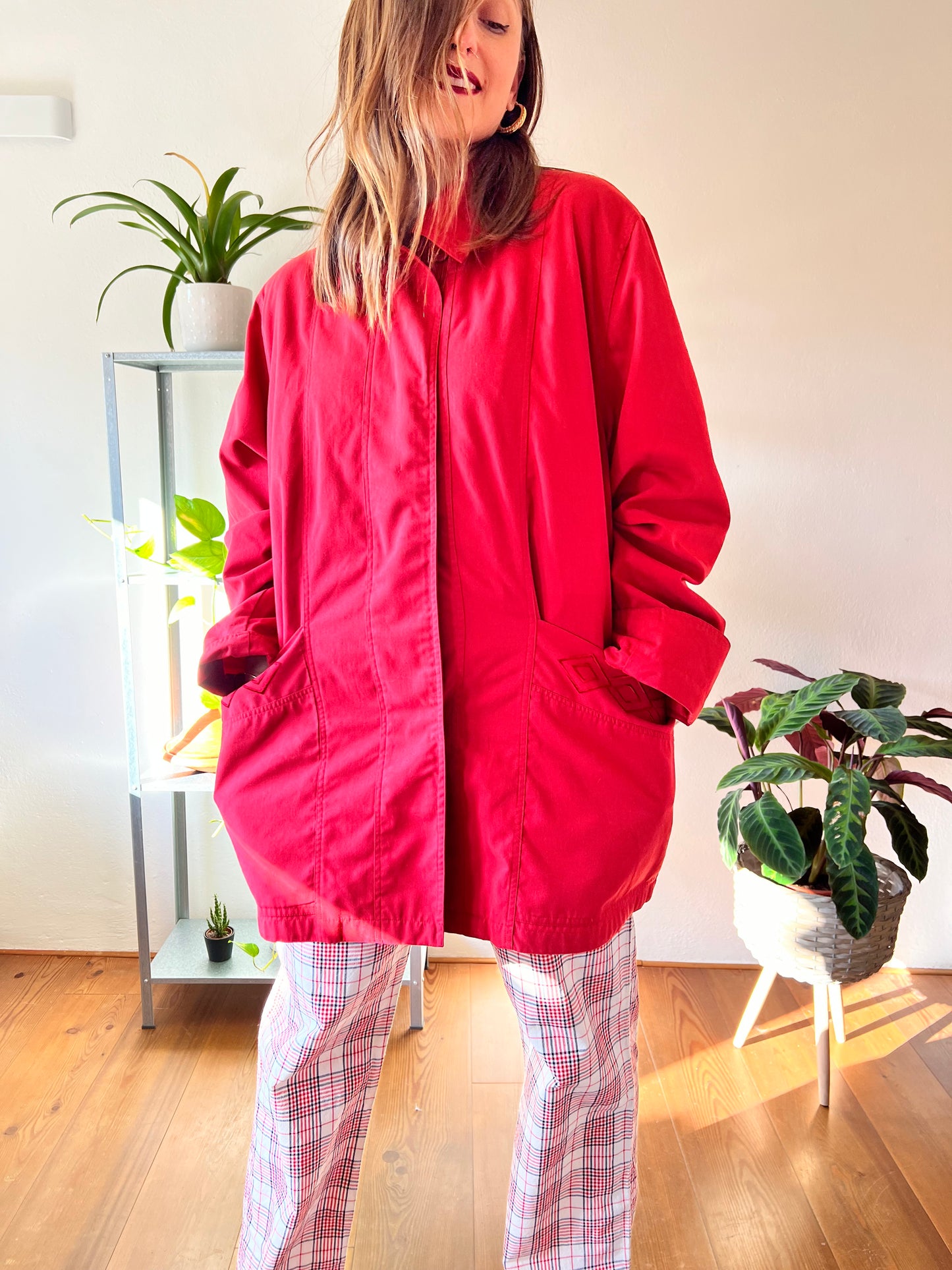 1970's vintage cherry red water resistant trench coat with embroidered detailing