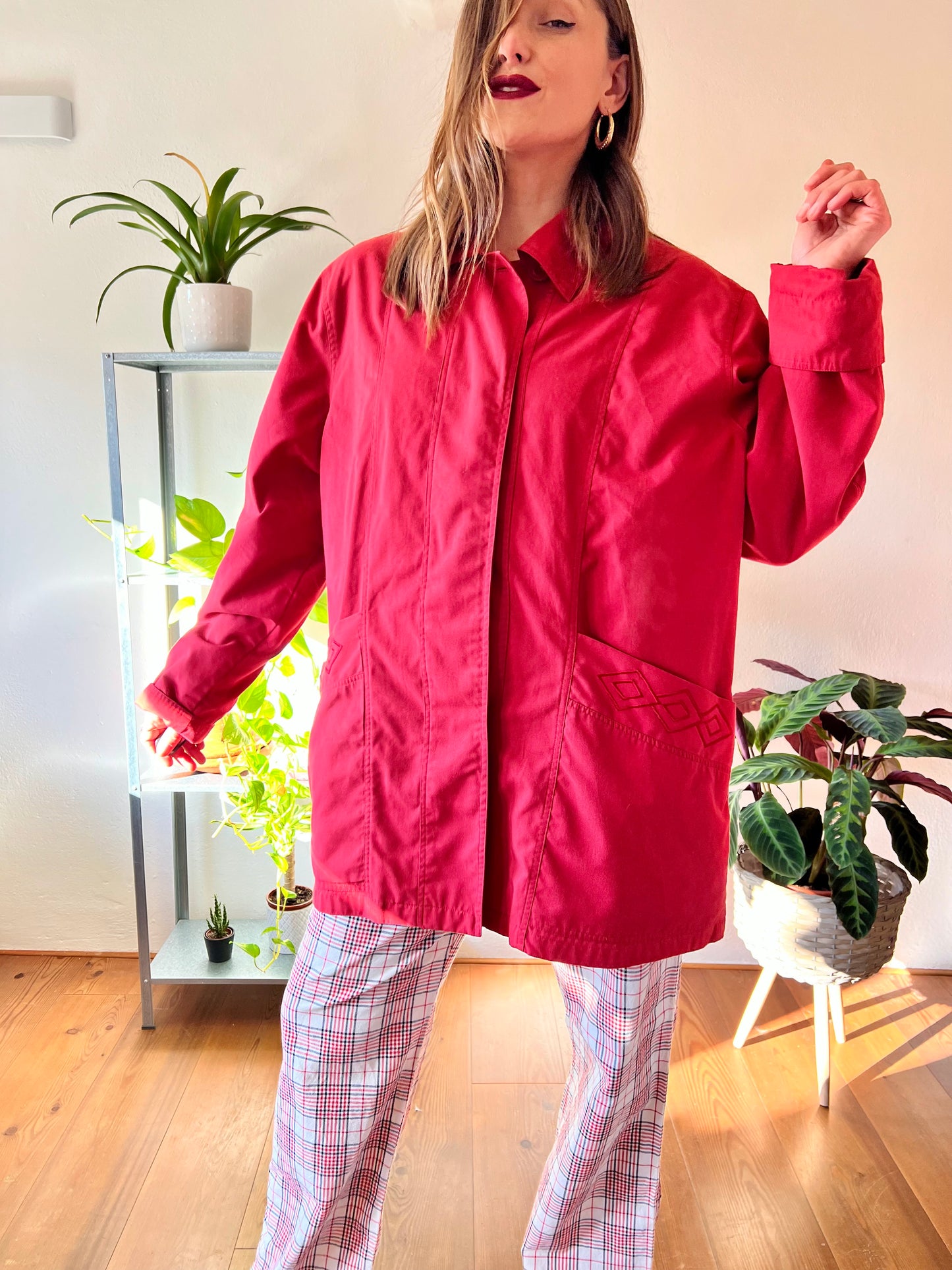 1970's vintage cherry red water resistant trench coat with embroidered detailing