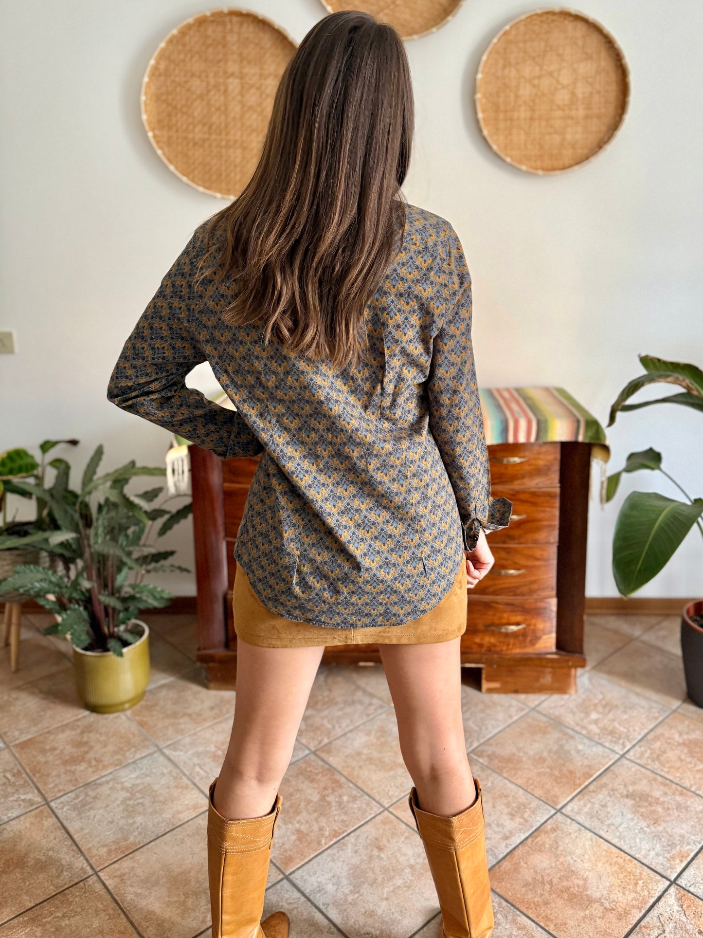 Olive green, blue and orange floral print cotton button down shirt