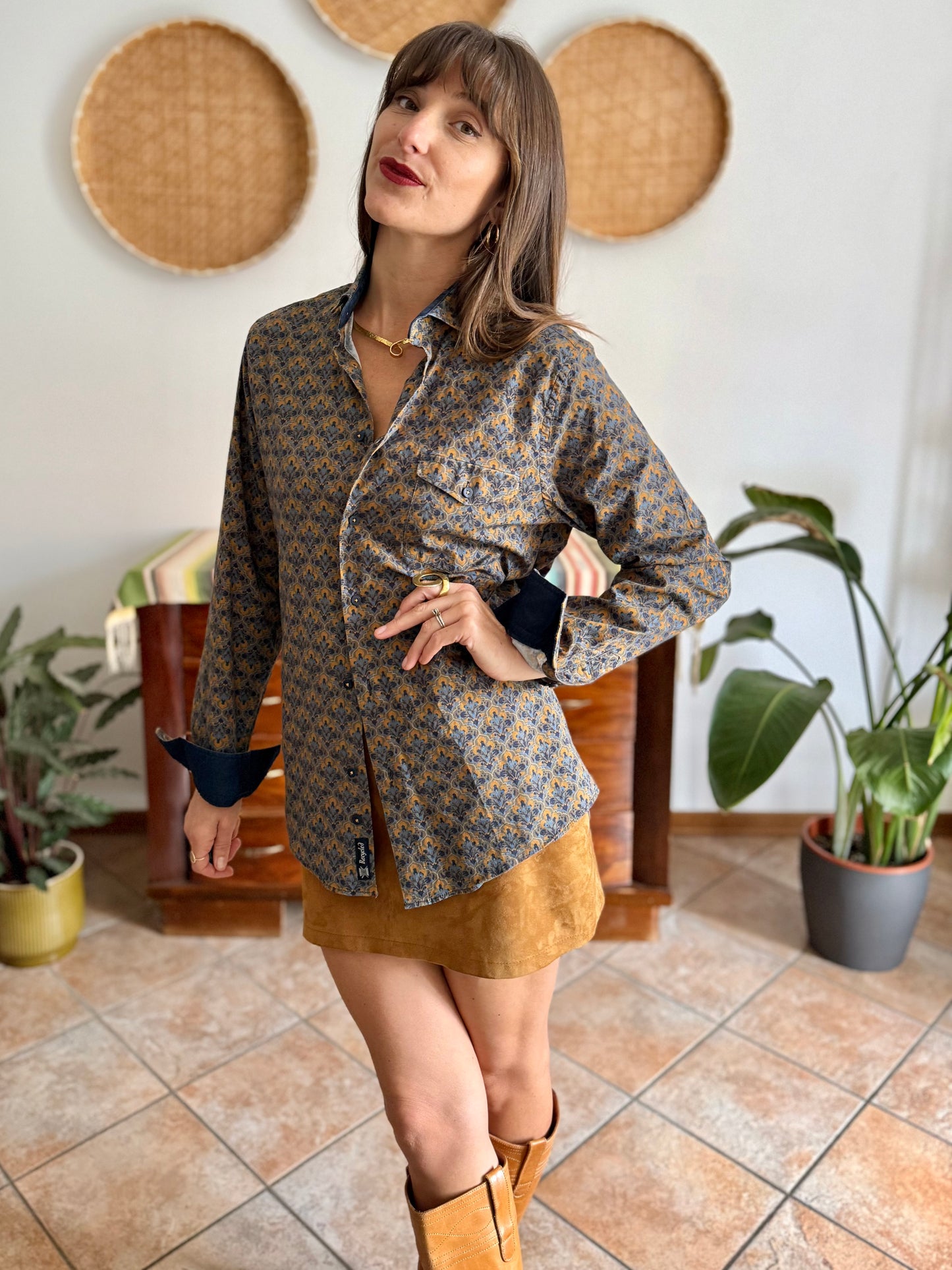 Olive green, blue and orange floral print cotton button down shirt