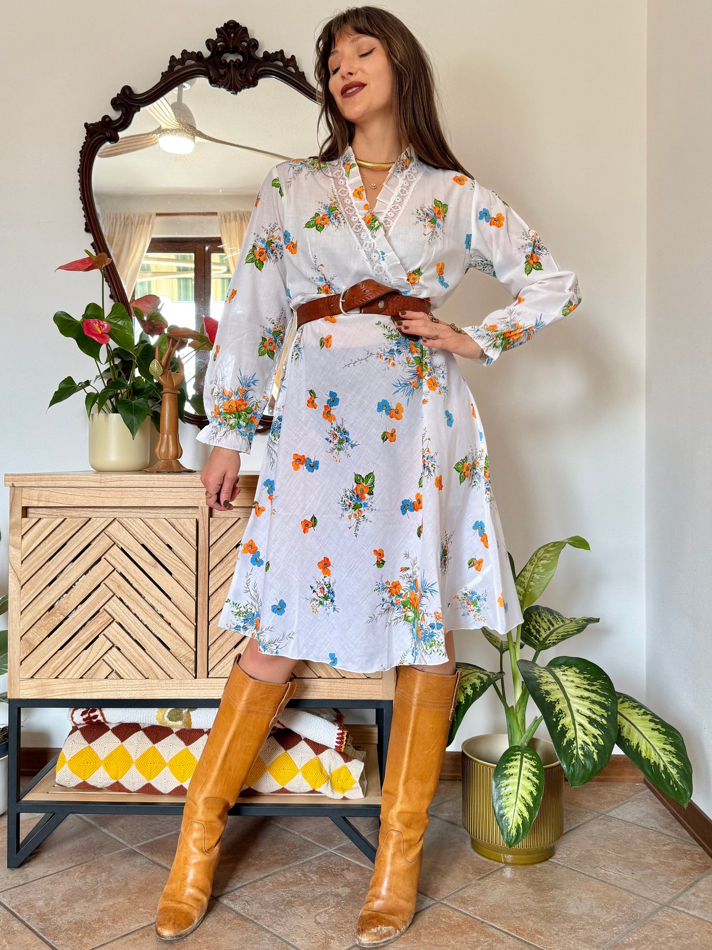 1970's vintage white, orange and blue floral prairie dress with lace and ruffle trim