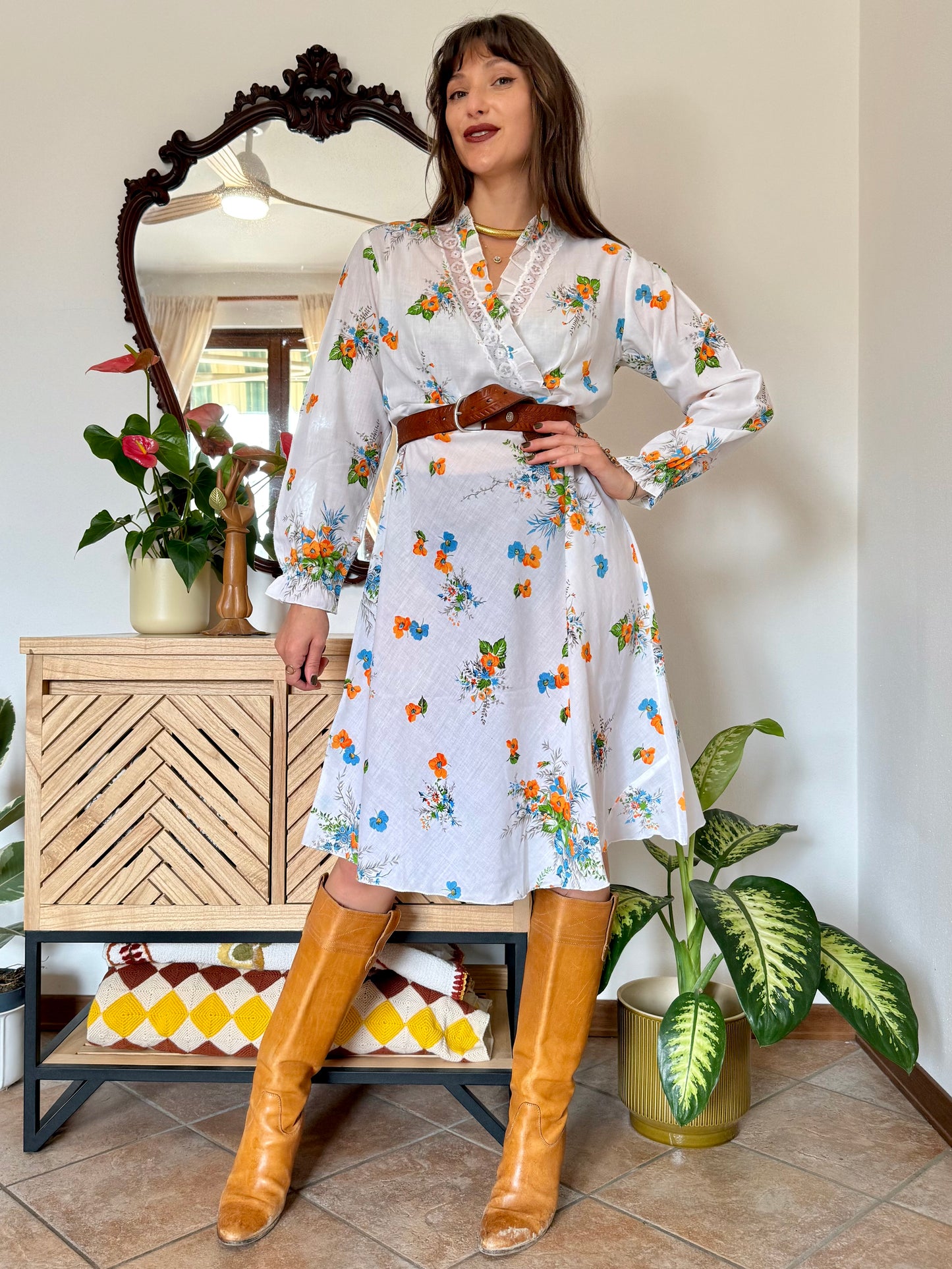 1970's vintage white, orange and blue floral prairie dress with lace and ruffle trim