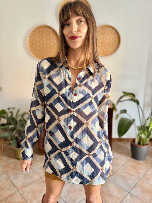 1970's vintage sheer multi tonal blue and tan geometric print blouse