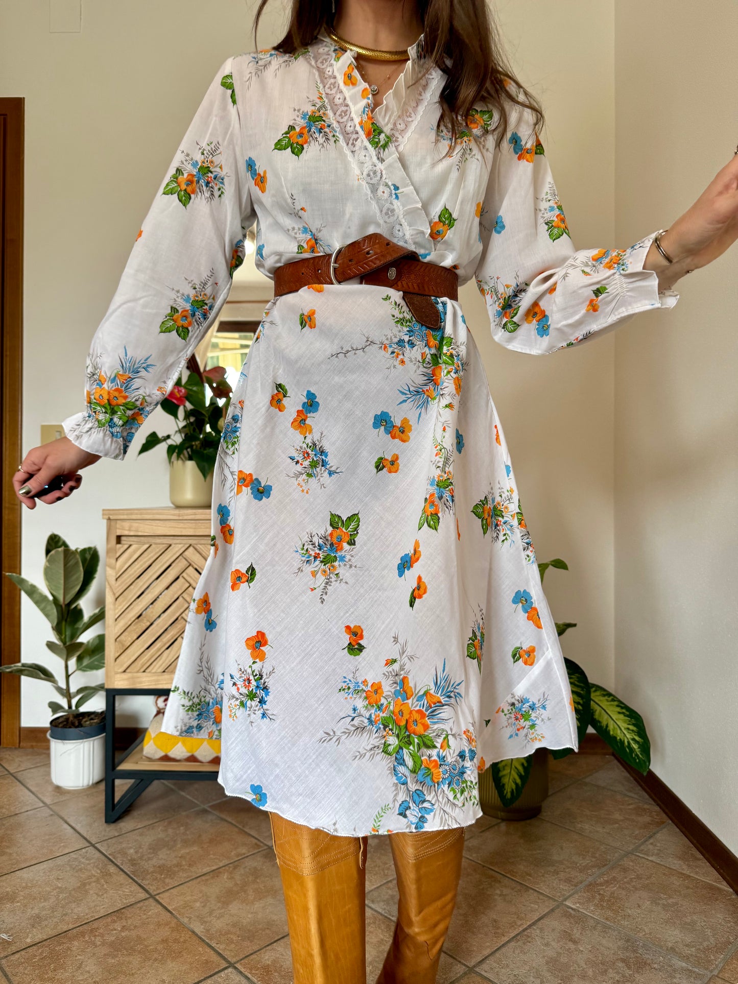 1970's vintage white, orange and blue floral prairie dress with lace and ruffle trim