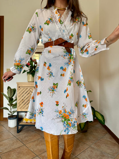1970's vintage white, orange and blue floral prairie dress with lace and ruffle trim