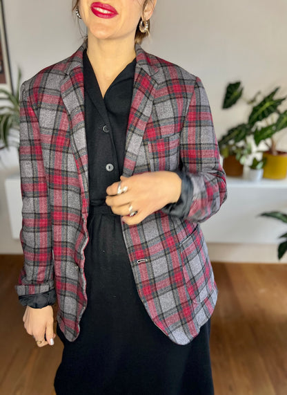 1990's vintage grey and burgundy oversize plaid blazer