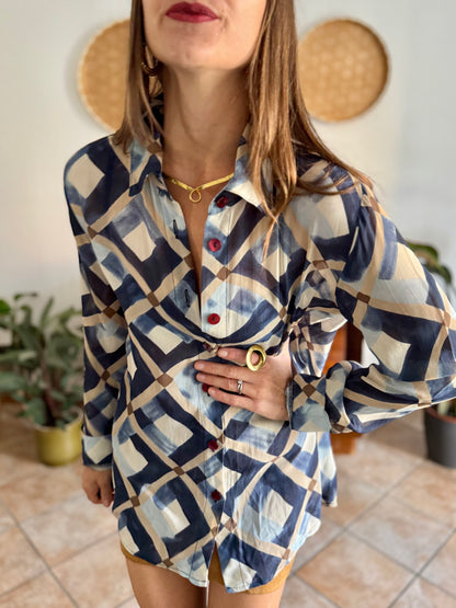 1970's vintage sheer multi tonal blue and tan geometric print blouse