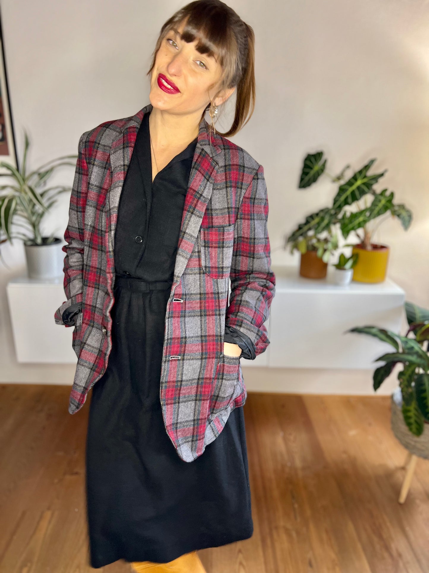 1990's vintage grey and burgundy oversize plaid blazer