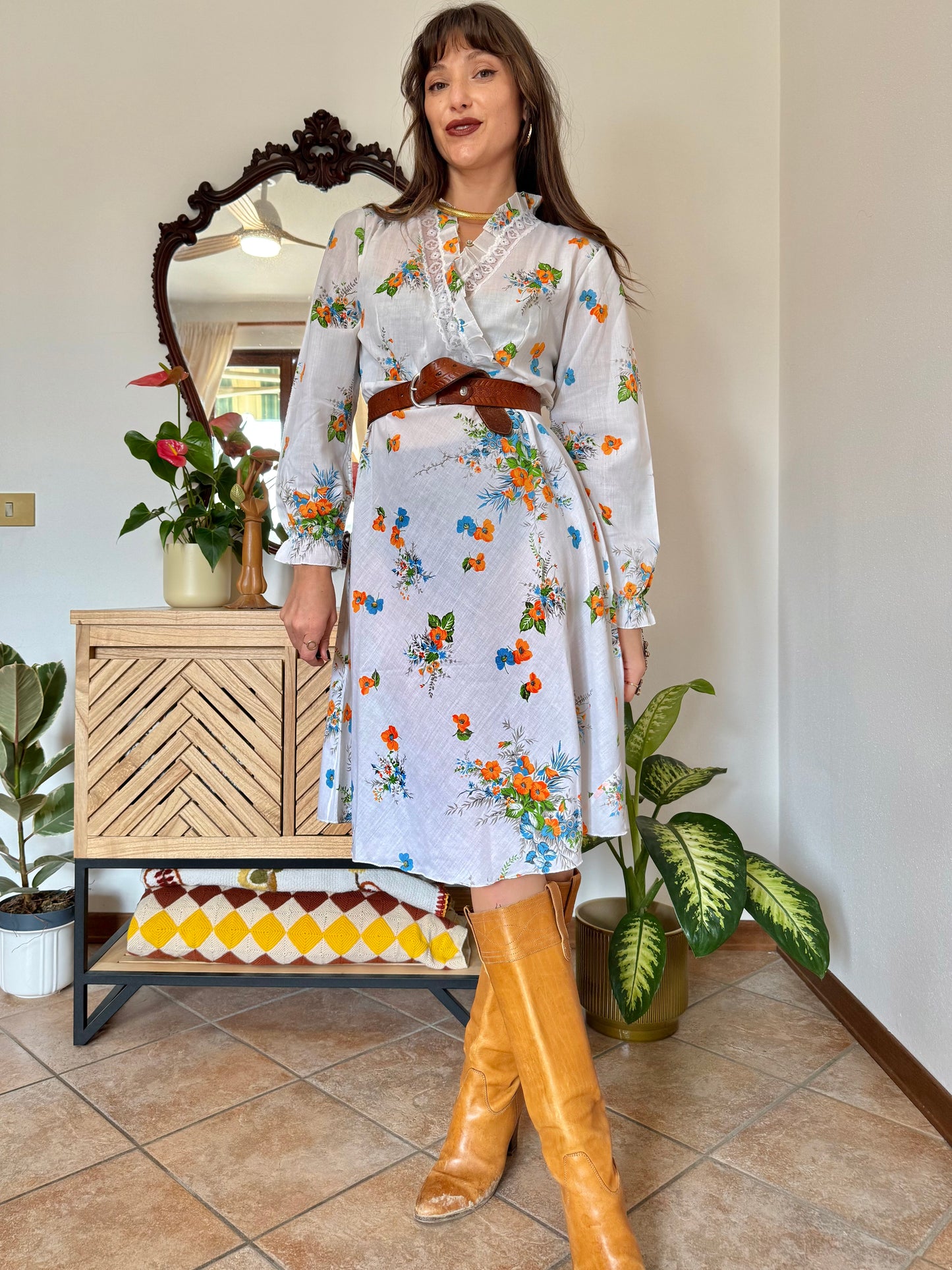 1970's vintage white, orange and blue floral prairie dress with lace and ruffle trim