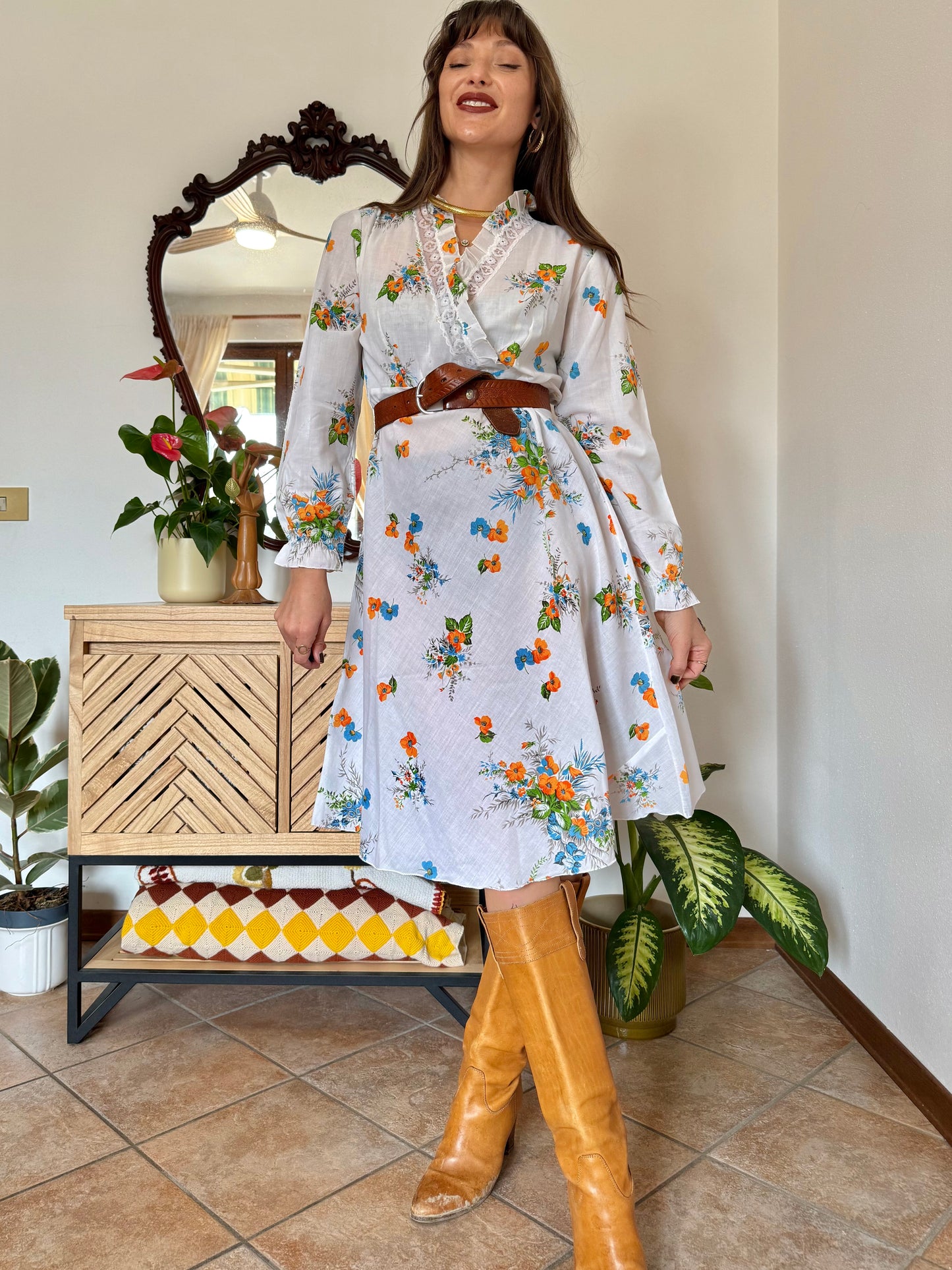 1970's vintage white, orange and blue floral prairie dress with lace and ruffle trim