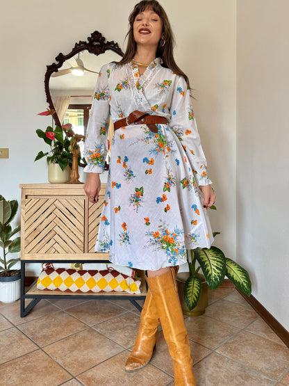 1970's vintage white, orange and blue floral prairie dress with lace and ruffle trim