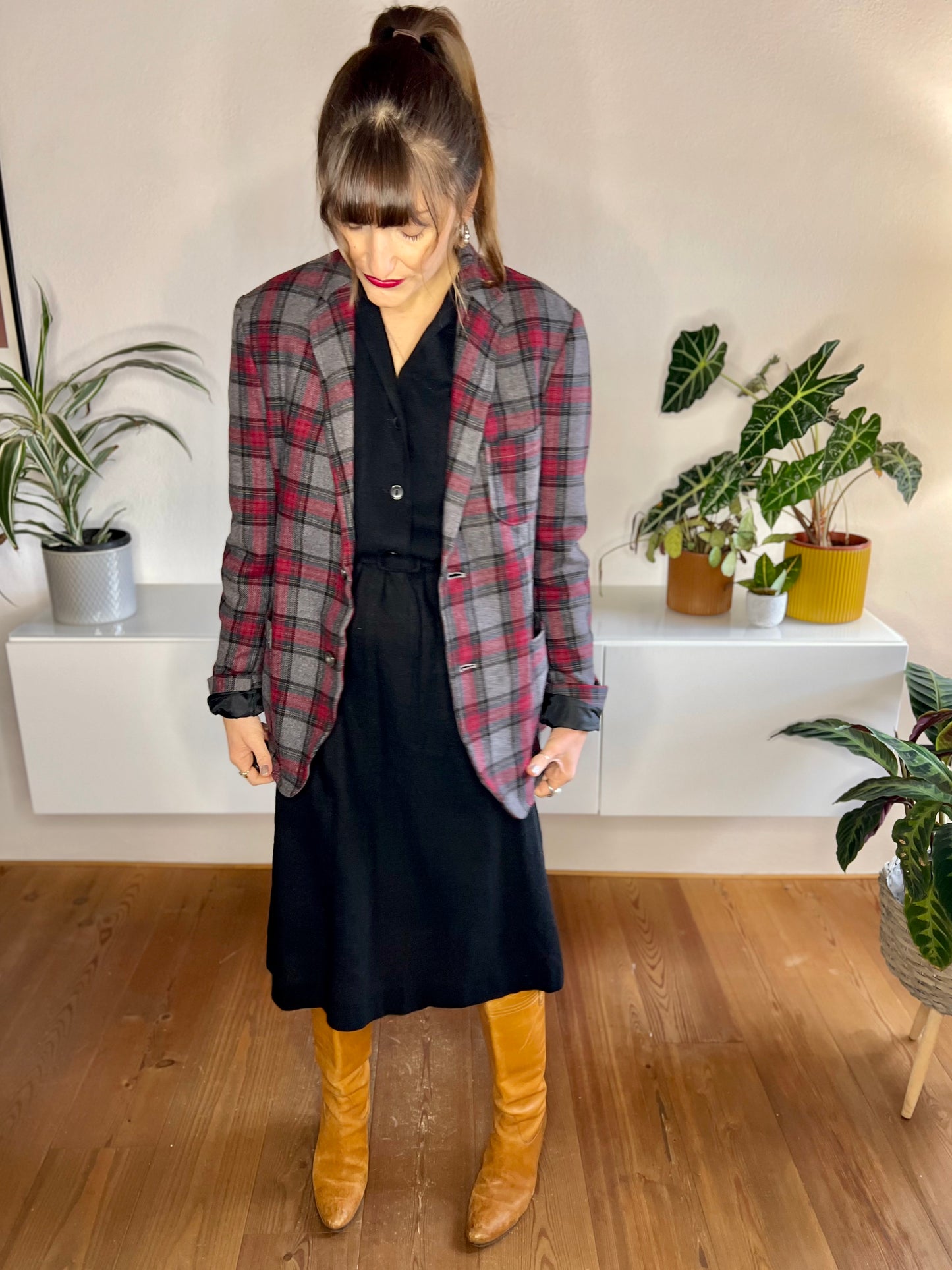 1990's vintage grey and burgundy oversize plaid blazer