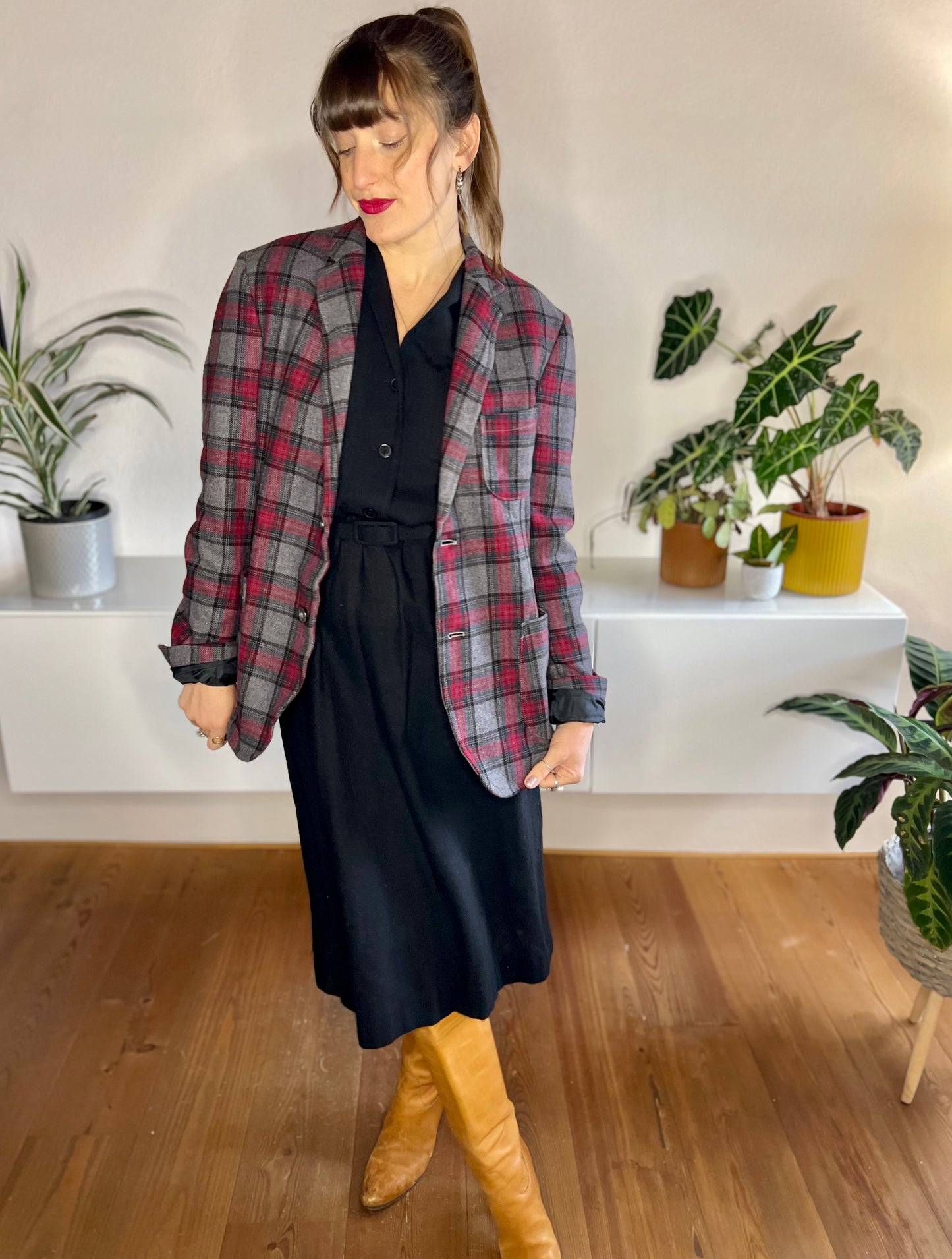 1990's vintage grey and burgundy oversize plaid blazer