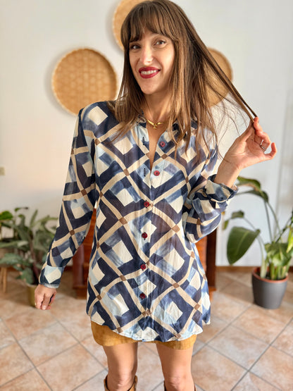 1970's vintage sheer multi tonal blue and tan geometric print blouse