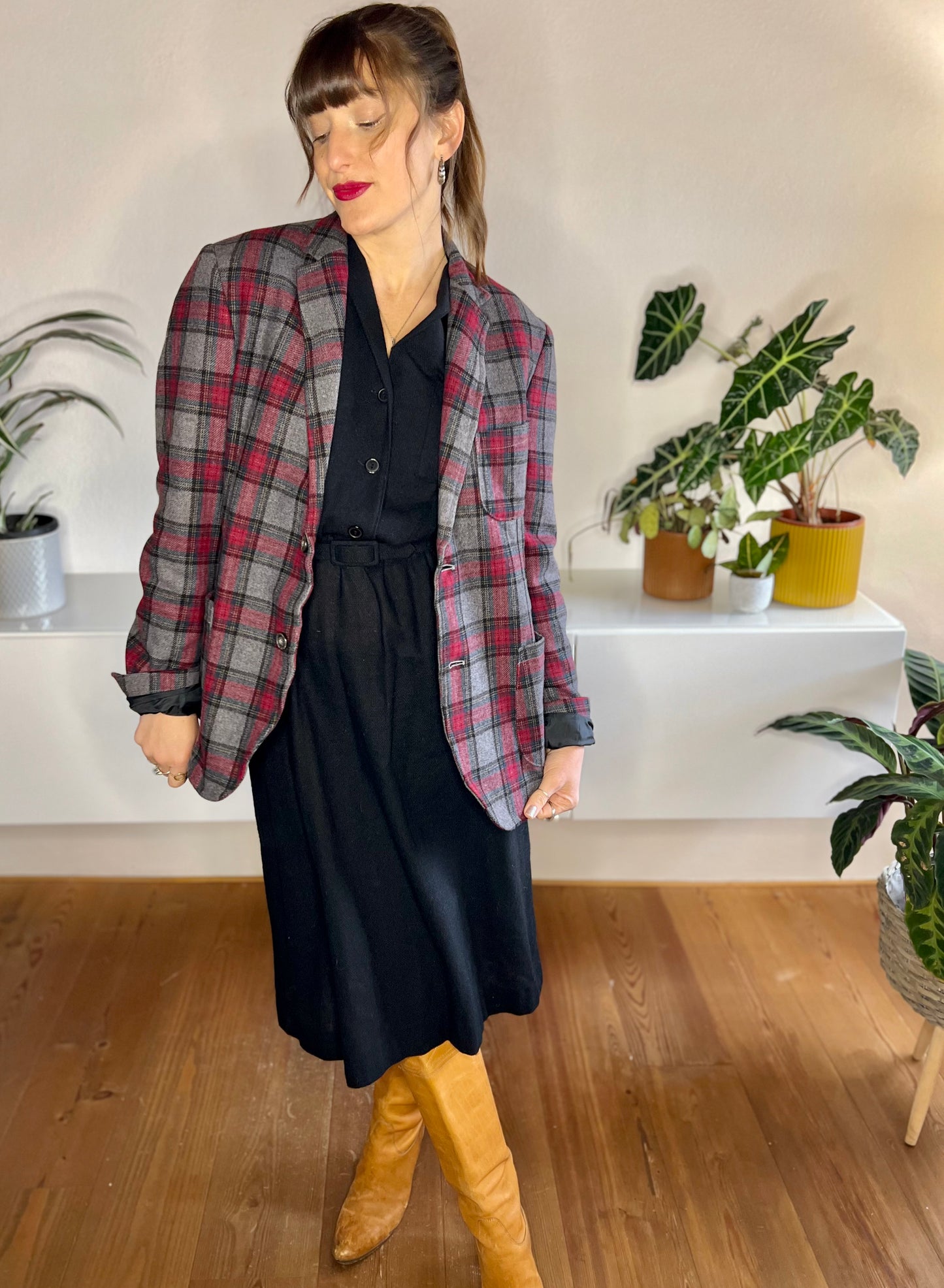1990's vintage grey and burgundy oversize plaid blazer