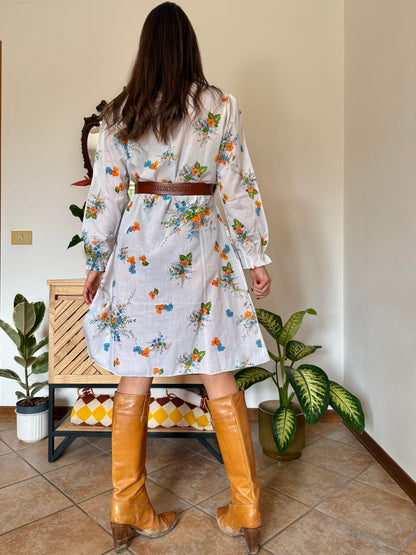 1970's vintage white, orange and blue floral prairie dress with lace and ruffle trim
