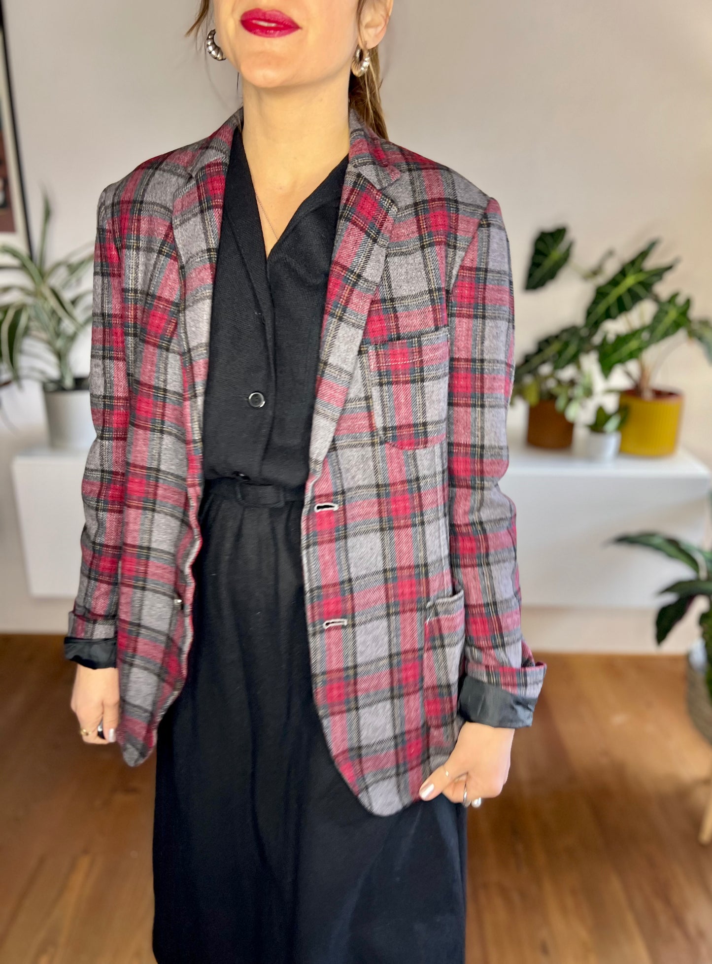 1990's vintage grey and burgundy oversize plaid blazer