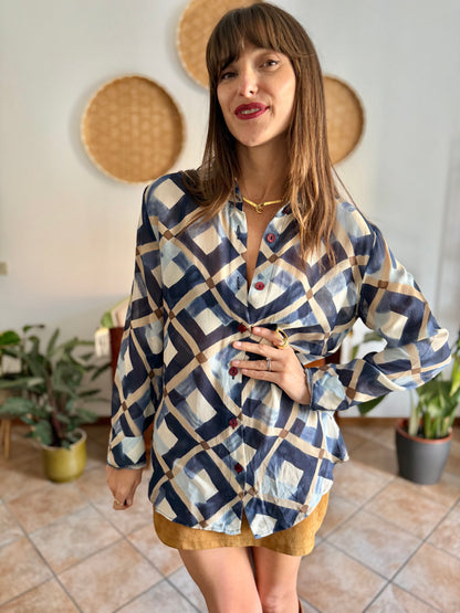 1970's vintage sheer multi tonal blue and tan geometric print blouse